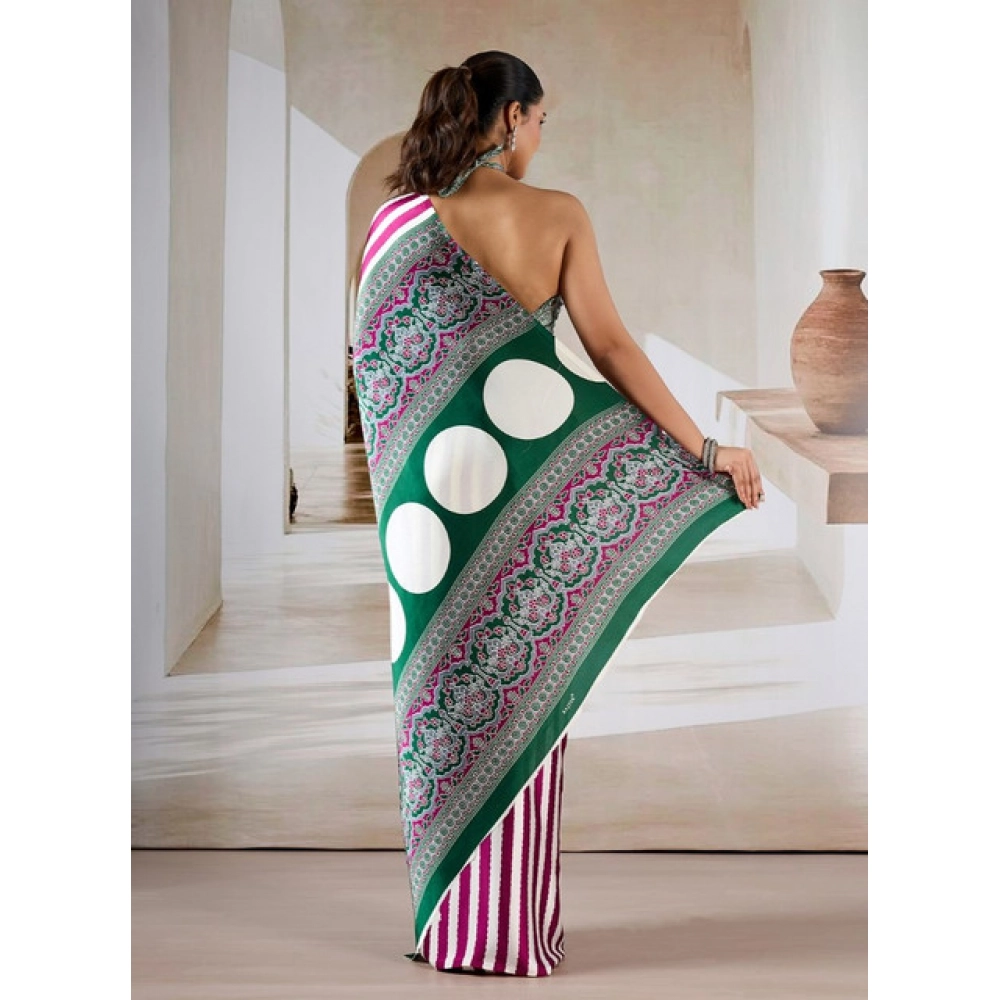 Generic Women's Satin Crepe Printed Saree With Unstitched Blouse 5.5Mtr (Magenta) - Image 4