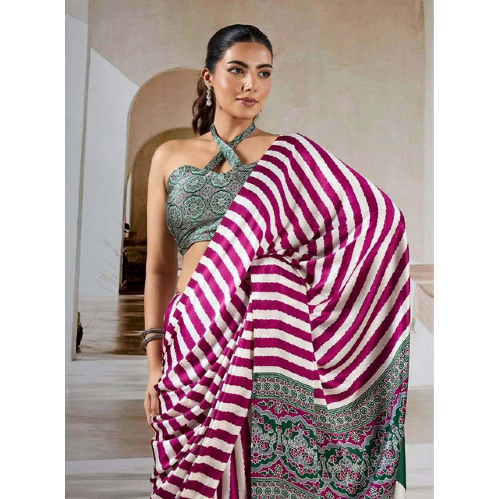 Generic Women's Satin Crepe Printed Saree With Unstitched Blouse 5.5Mtr (Magenta) - Image 3