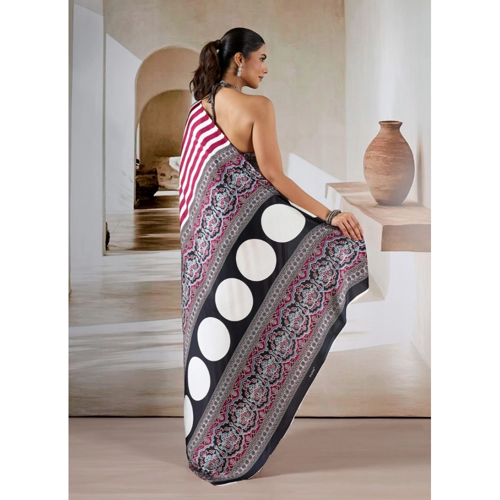Generic Women's Satin Crepe Printed Saree With Unstitched Blouse 5.5Mtr (Maroon) - Image 4