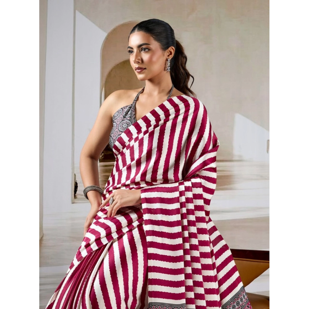 Generic Women's Satin Crepe Printed Saree With Unstitched Blouse 5.5Mtr (Maroon) - Image 3
