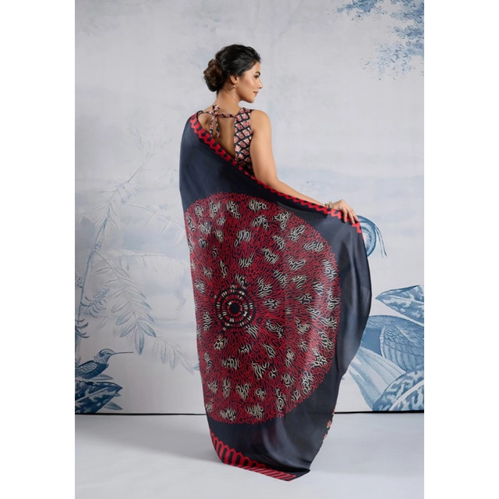 Generic Women's Satin Crepe Printed Saree With Unstitched Blouse 5.5Mtr (Navy Blue) - Image 4