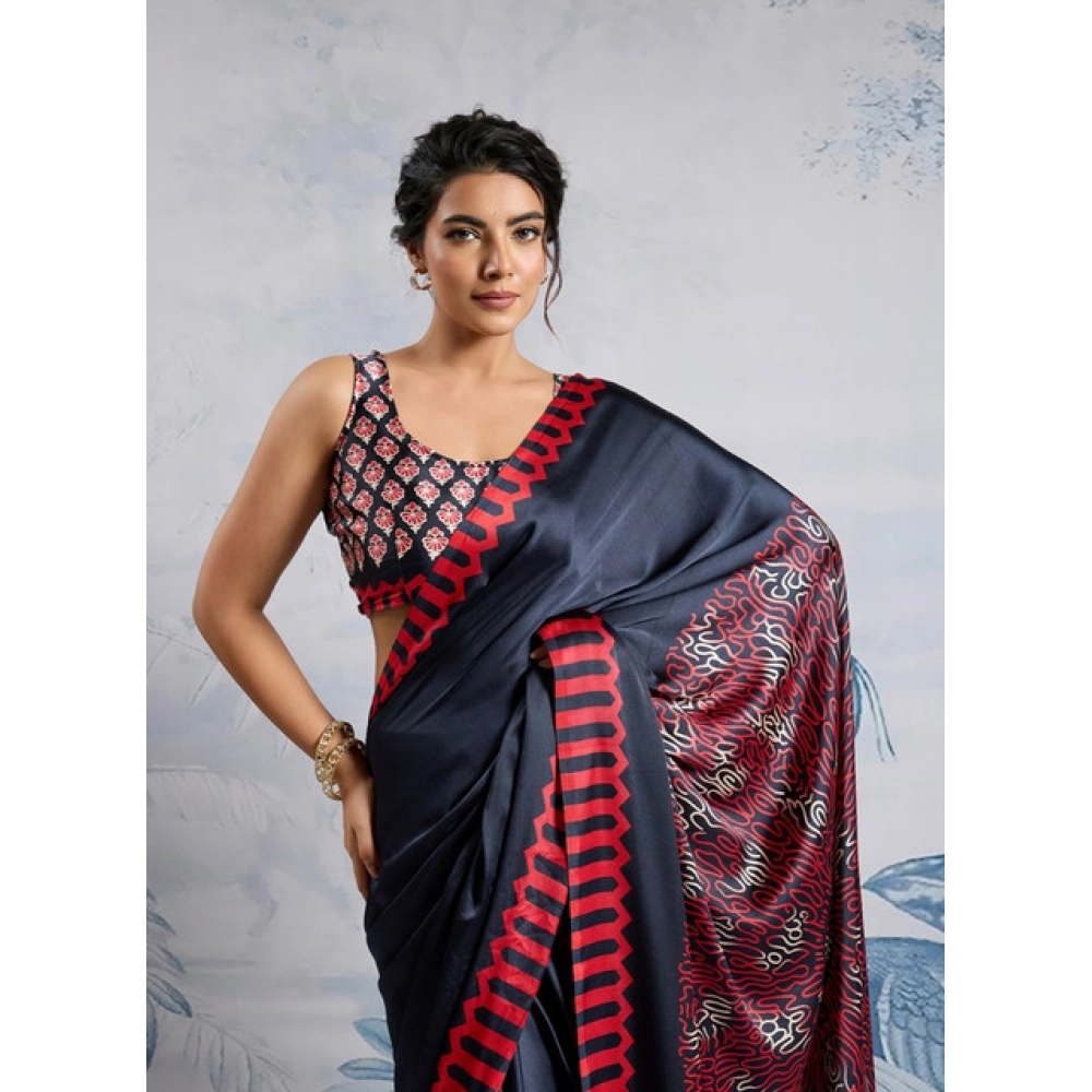 Generic Women's Satin Crepe Printed Saree With Unstitched Blouse 5.5Mtr (Navy Blue) - Image 3