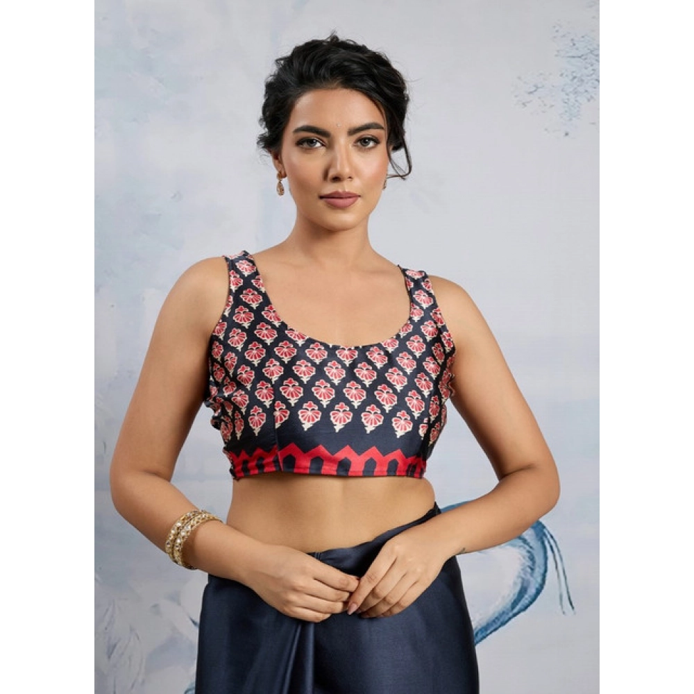 Generic Women's Satin Crepe Printed Saree With Unstitched Blouse 5.5Mtr (Navy Blue) - Image 2