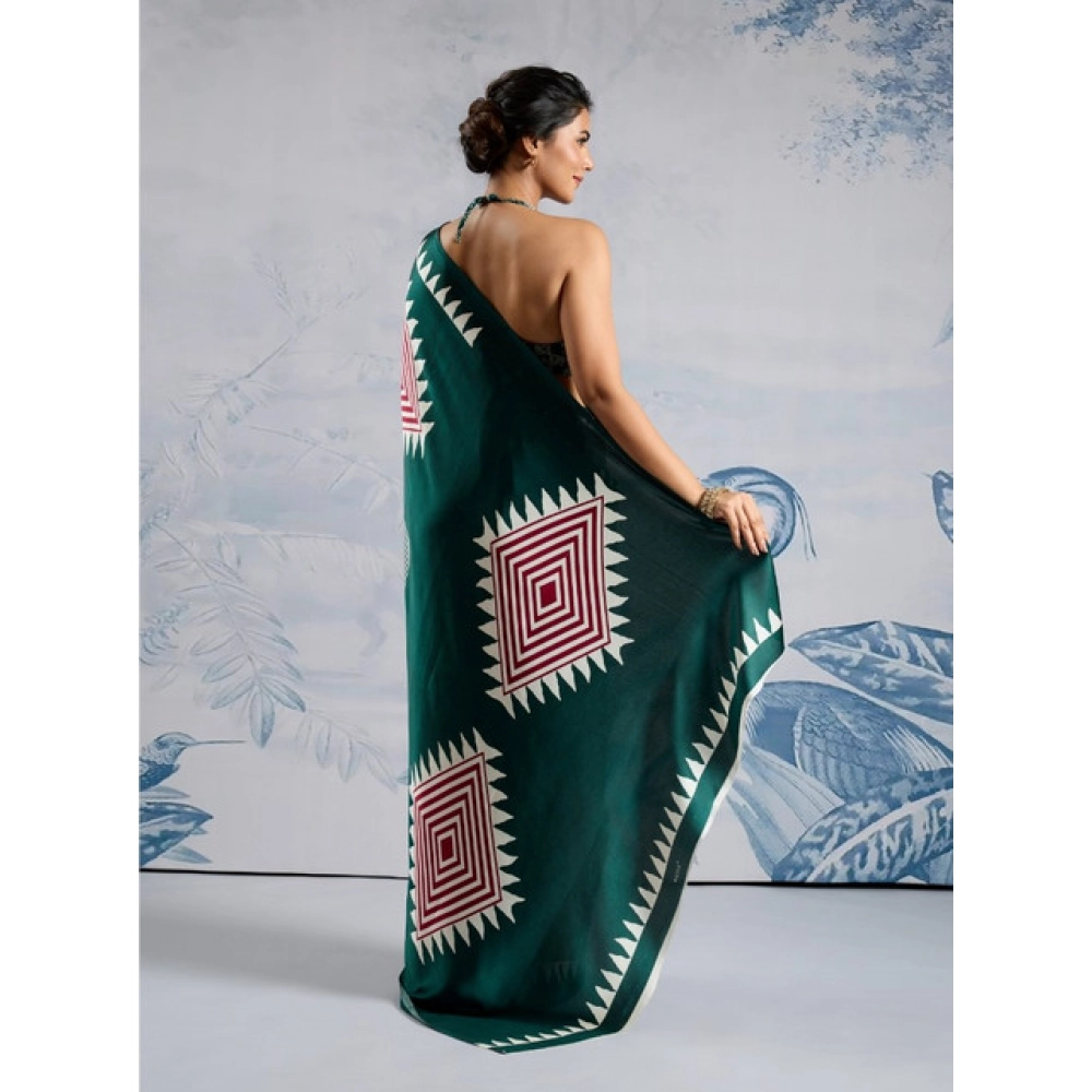Generic Women's Satin Crepe Printed Saree With Unstitched Blouse 5.5Mtr (Green) - Image 4