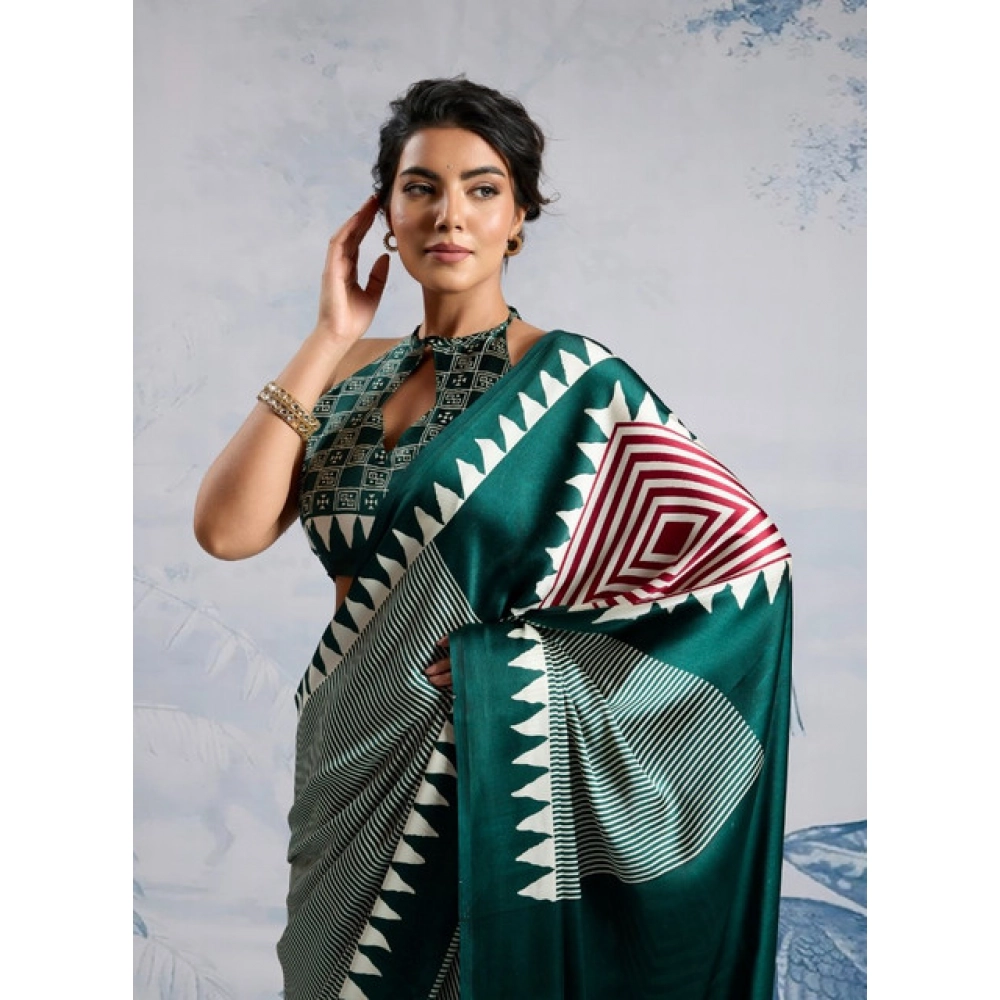 Generic Women's Satin Crepe Printed Saree With Unstitched Blouse 5.5Mtr (Green) - Image 3