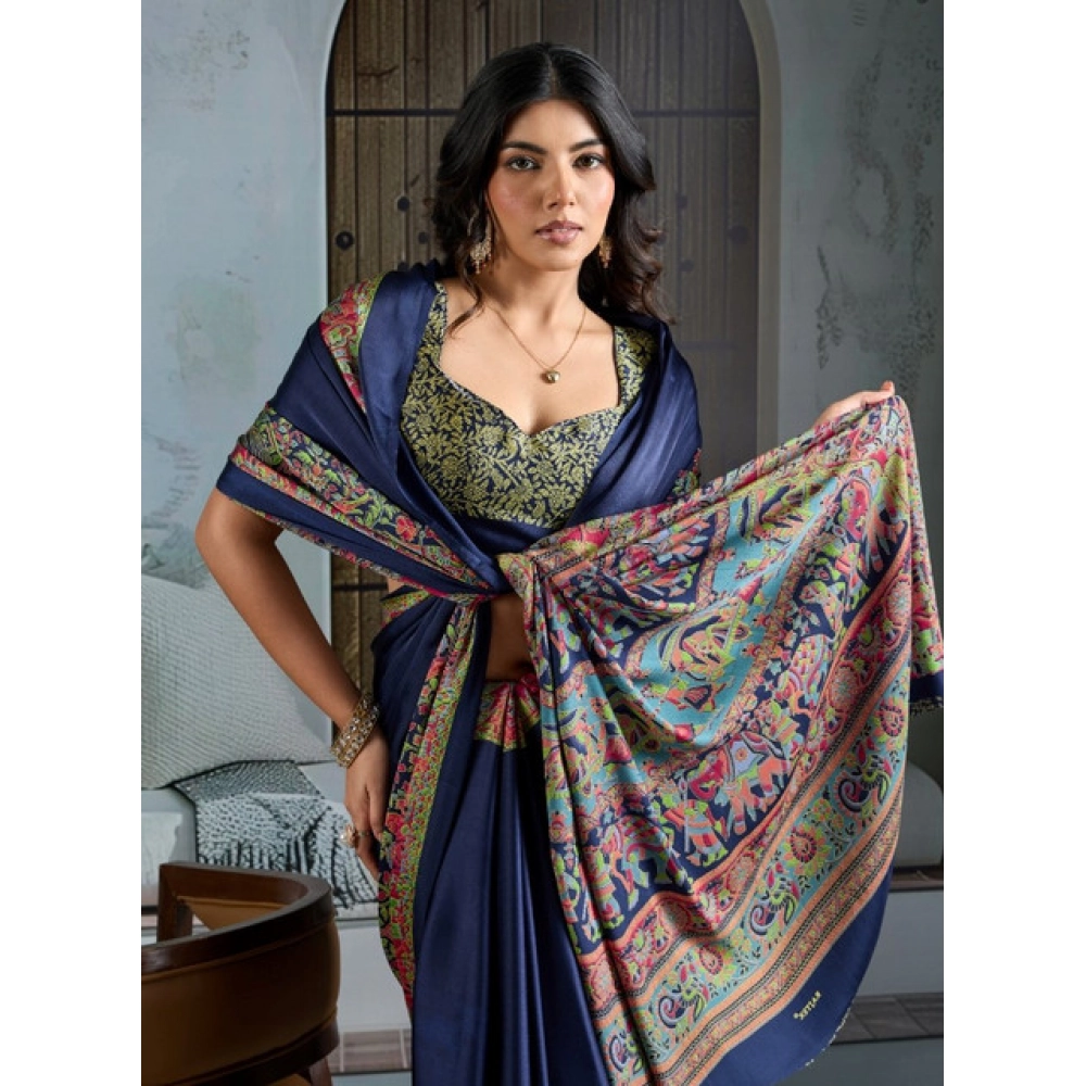 Generic Women's Satin Crepe Printed Saree With Unstitched Blouse 5.5Mtr (Navy Blue) - Image 3