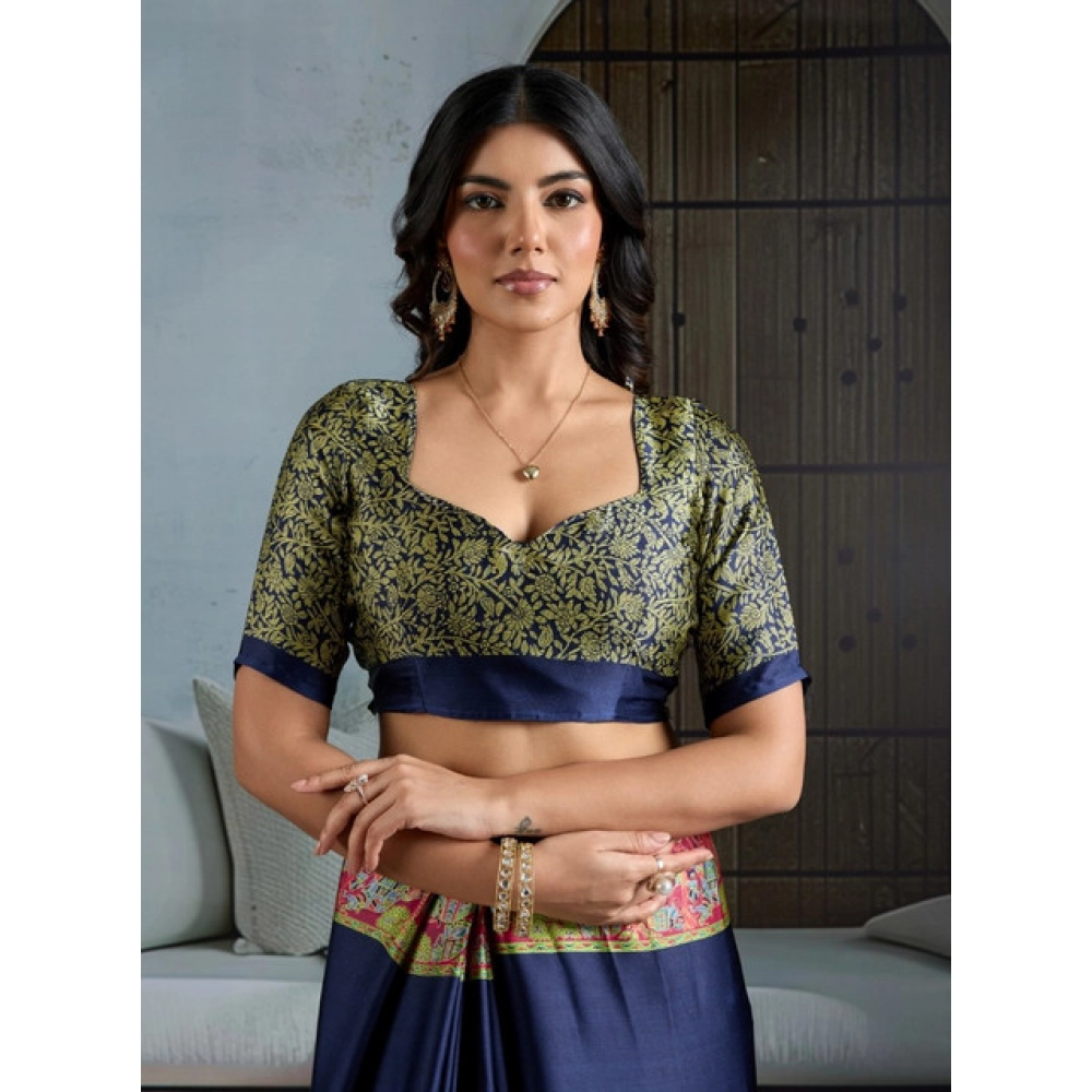 Generic Women's Satin Crepe Printed Saree With Unstitched Blouse 5.5Mtr (Navy Blue) - Image 2