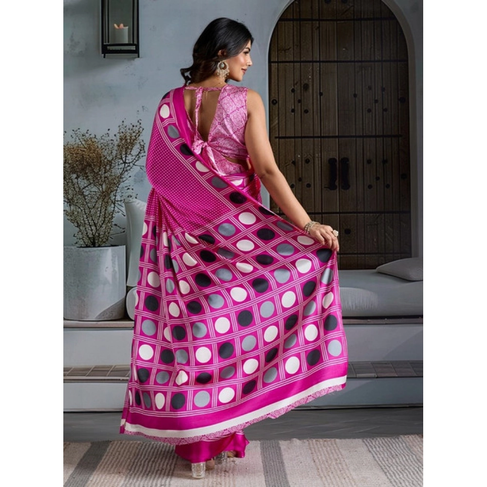 Generic Women's Satin Crepe Printed Saree With Unstitched Blouse 5.5Mtr (Pink) - Image 4