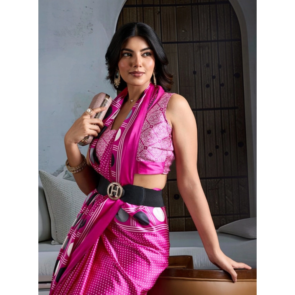 Generic Women's Satin Crepe Printed Saree With Unstitched Blouse 5.5Mtr (Pink) - Image 3