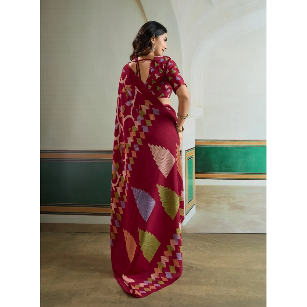 Generic Women's Satin Crepe Printed Saree With Unstitched Blouse 5.5Mtr (Maroon) - Image 4
