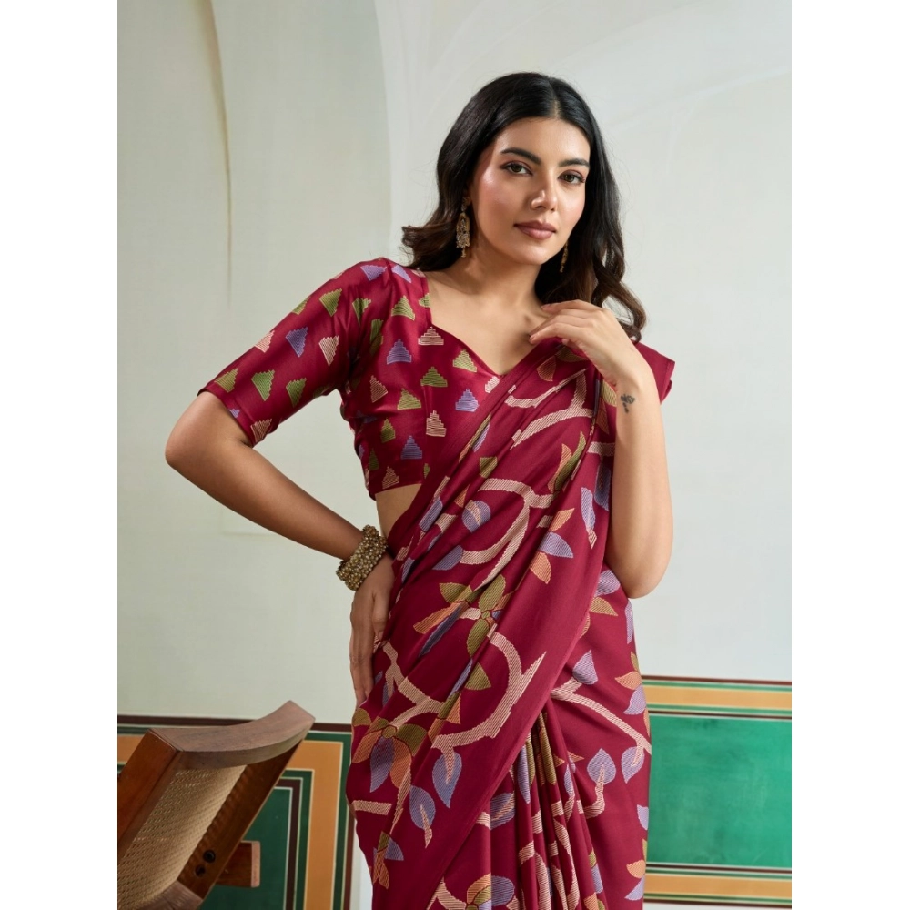 Generic Women's Satin Crepe Printed Saree With Unstitched Blouse 5.5Mtr (Maroon) - Image 3