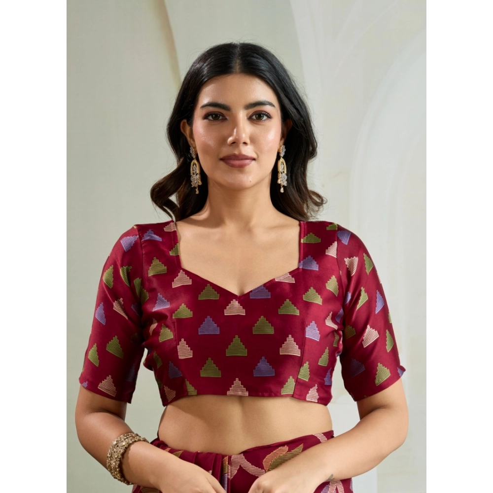 Generic Women's Satin Crepe Printed Saree With Unstitched Blouse 5.5Mtr (Maroon) - Image 2