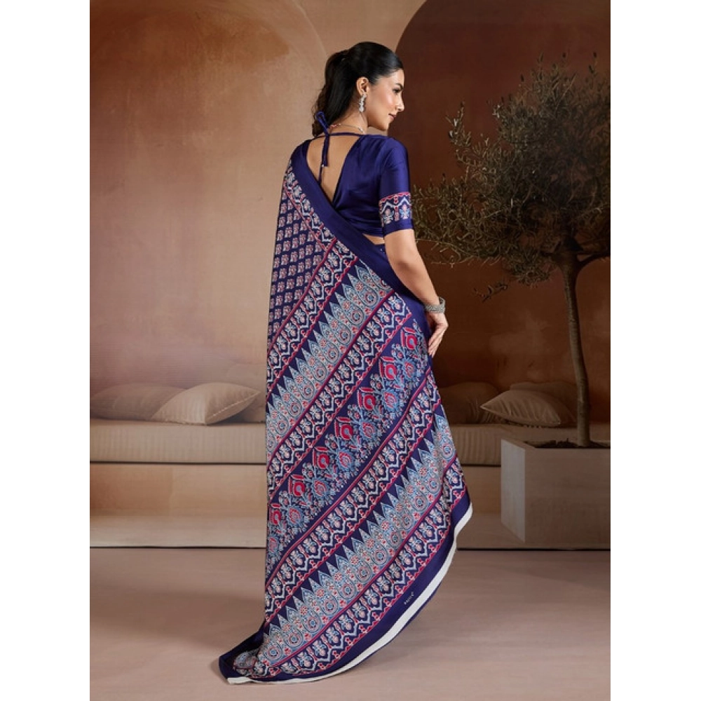 Generic Women's Satin Crepe Printed Saree With Unstitched Blouse 5.5Mtr (Navy Blue) - Image 4