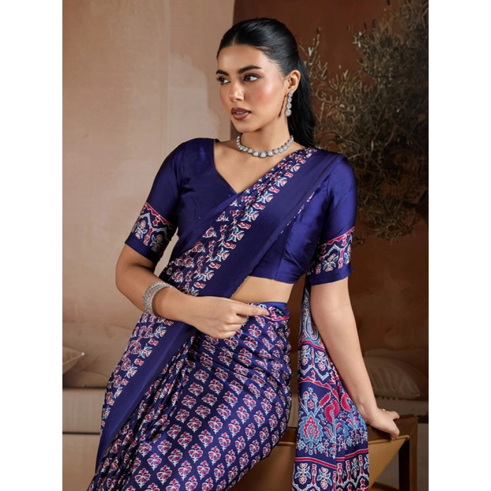 Generic Women's Satin Crepe Printed Saree With Unstitched Blouse 5.5Mtr (Navy Blue) - Image 3