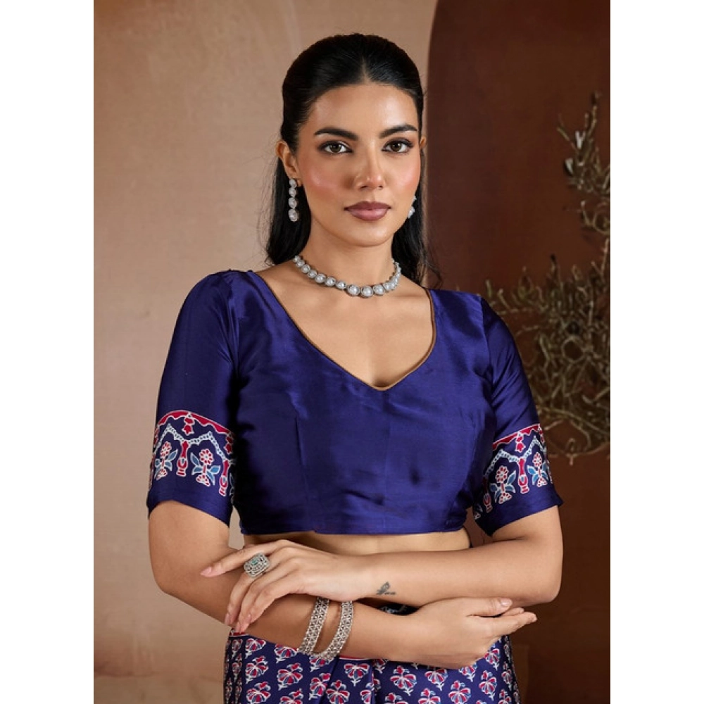 Generic Women's Satin Crepe Printed Saree With Unstitched Blouse 5.5Mtr (Navy Blue) - Image 2