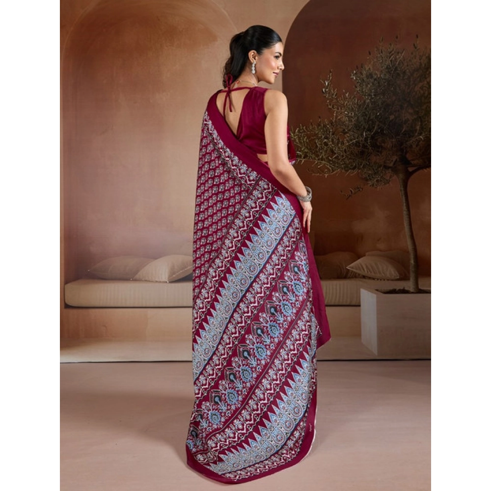 Generic Women's Satin Crepe Printed Saree With Unstitched Blouse 5.5Mtr (Maroon) - Image 4