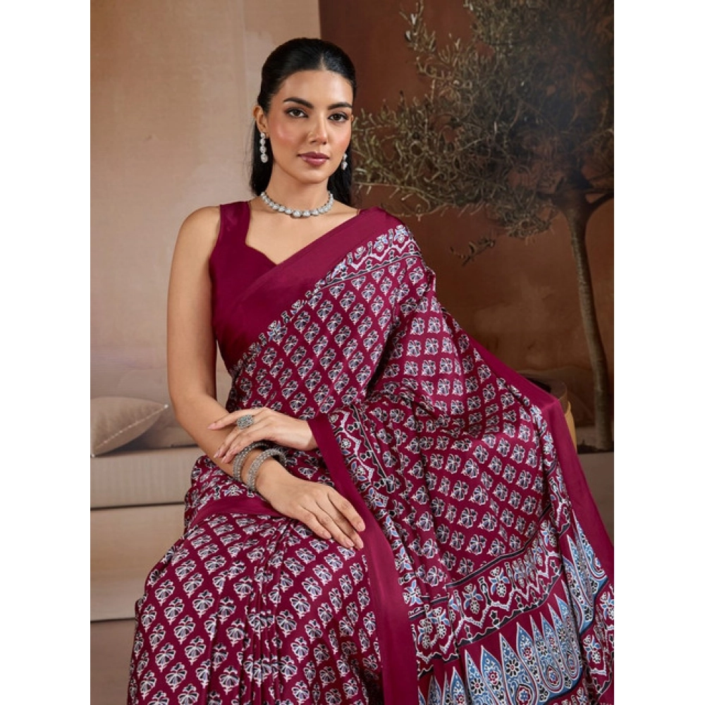 Generic Women's Satin Crepe Printed Saree With Unstitched Blouse 5.5Mtr (Maroon) - Image 3