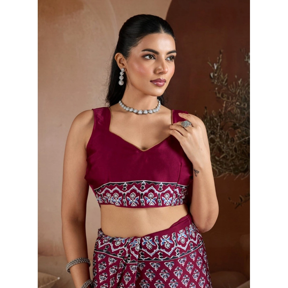 Generic Women's Satin Crepe Printed Saree With Unstitched Blouse 5.5Mtr (Maroon) - Image 2