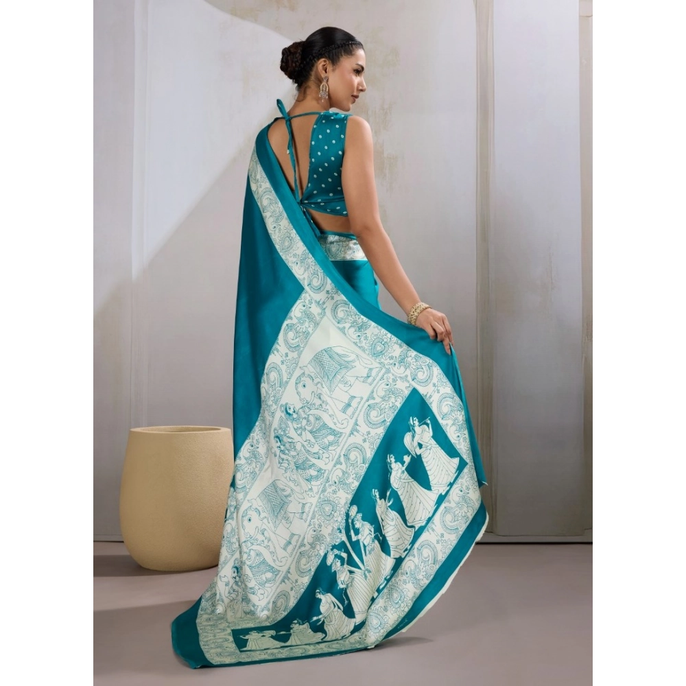 Generic Women's Satin Crepe Printed Saree With Unstitched Blouse 5.5Mtr (Sky Blue) - Image 4