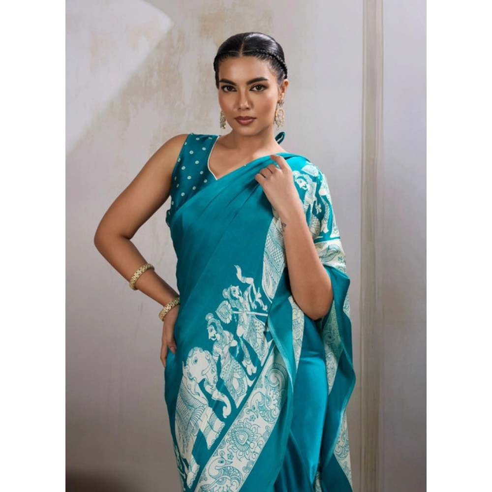 Generic Women's Satin Crepe Printed Saree With Unstitched Blouse 5.5Mtr (Sky Blue) - Image 3