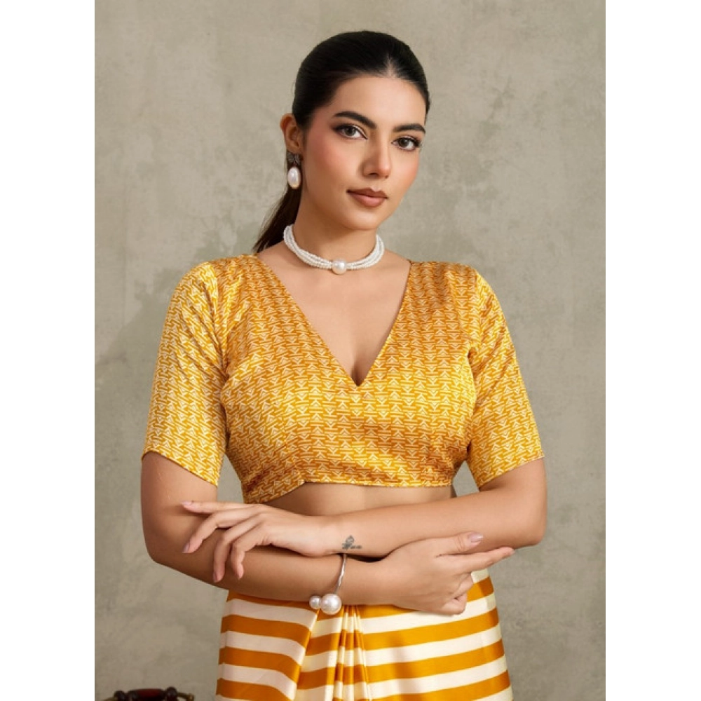 Generic Women's Satin Crepe Printed Saree With Unstitched Blouse 5.5Mtr (Mustard) - Image 2