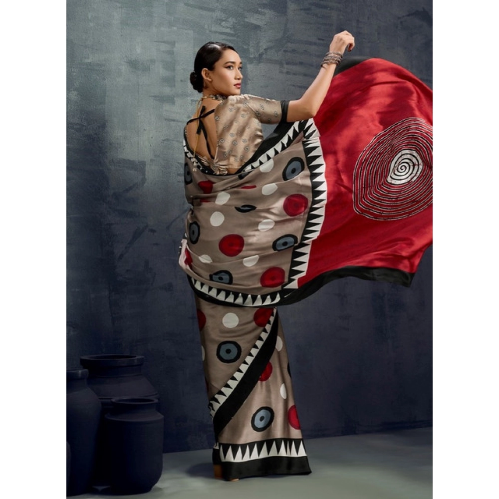 Generic Women's Satin Crepe Printed Saree With Unstitched Blouse 5.5Mtr (Grey) - Image 4