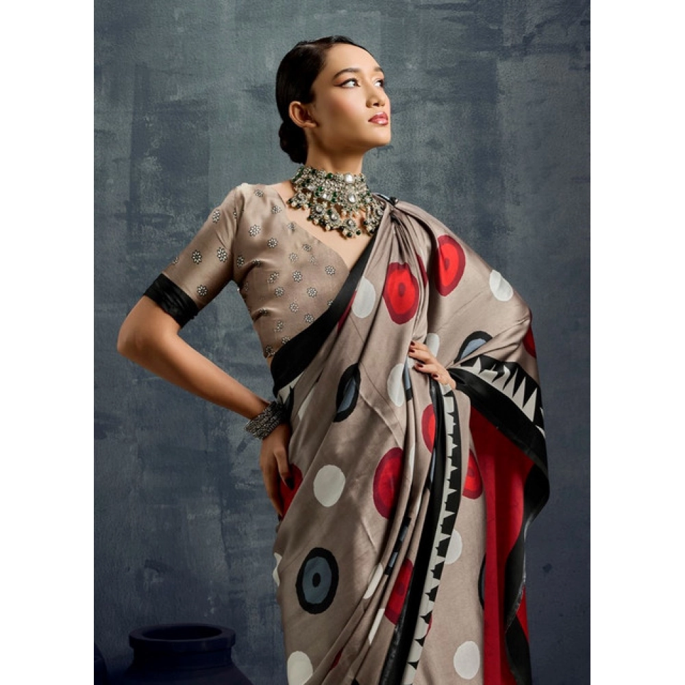 Generic Women's Satin Crepe Printed Saree With Unstitched Blouse 5.5Mtr (Grey) - Image 3