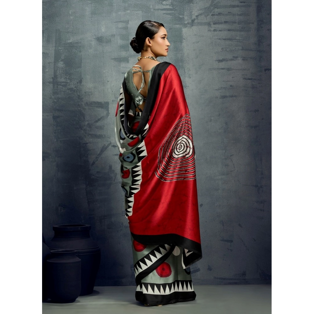 Generic Women's Satin Crepe Printed Saree With Unstitched Blouse 5.5Mtr (Multicolor) - Image 4