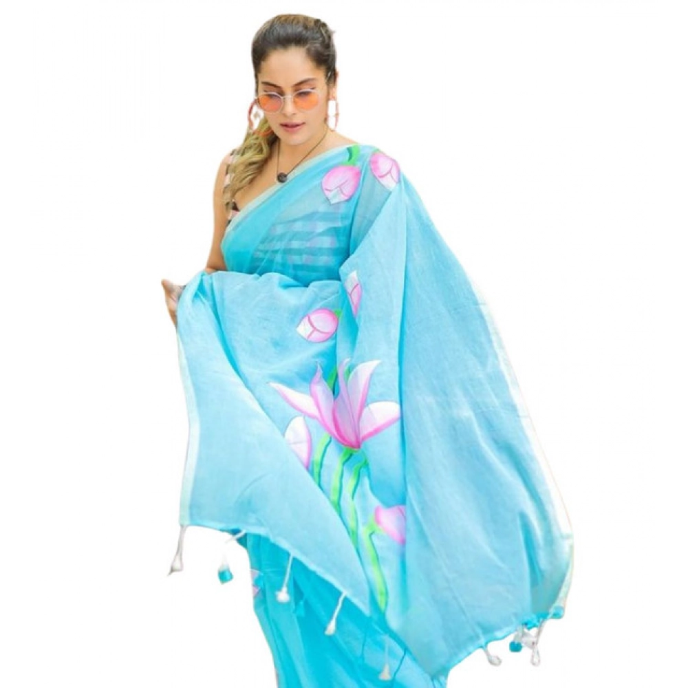 Generic Women's Linen Printed Saree With Unstitched Blouse 5.5Mtr (light Blue)