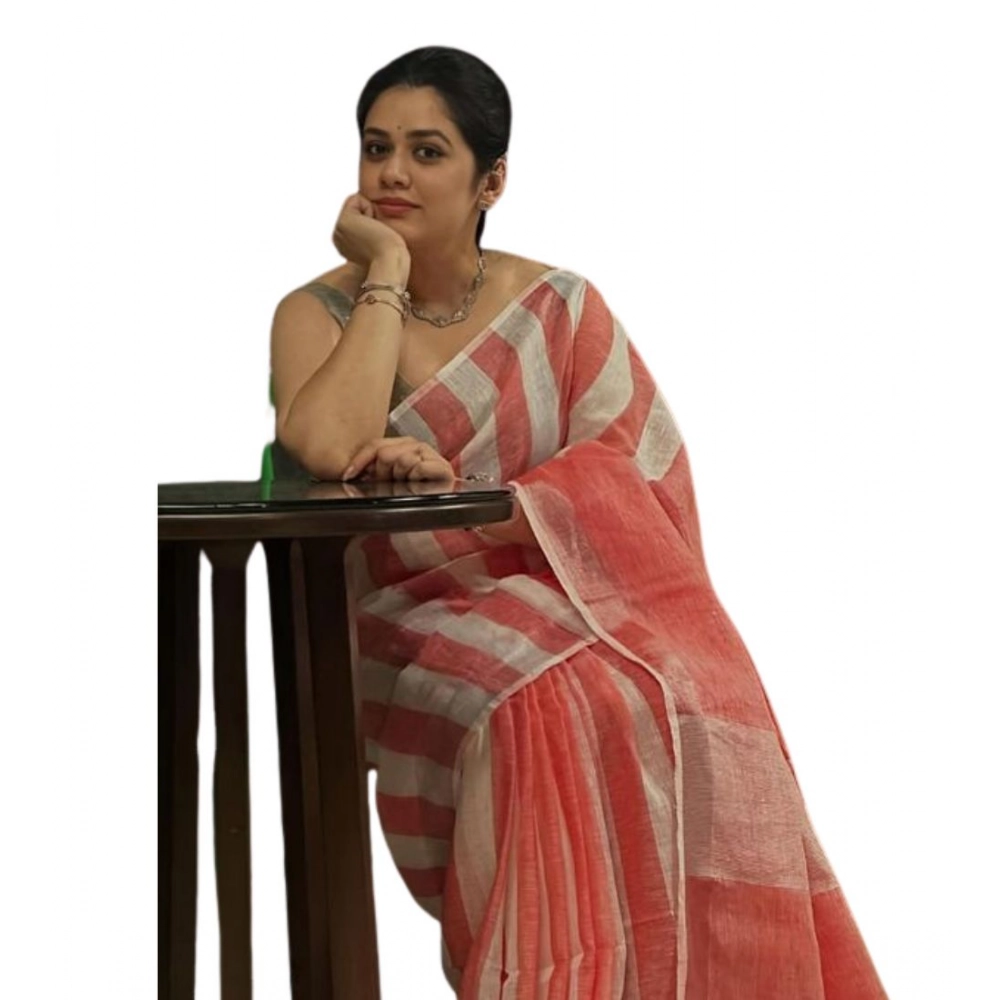 Generic Women's Linen Printed Saree With Unstitched Blouse 5.5Mtr (Multicolor)