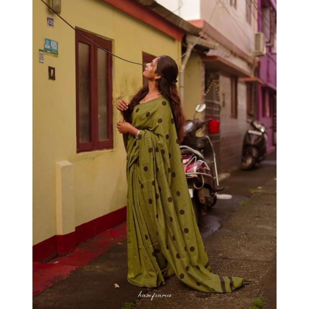 Generic Women's Linen Printed Saree With Unstitched Blouse 5.5Mtr (Green) - Image 3