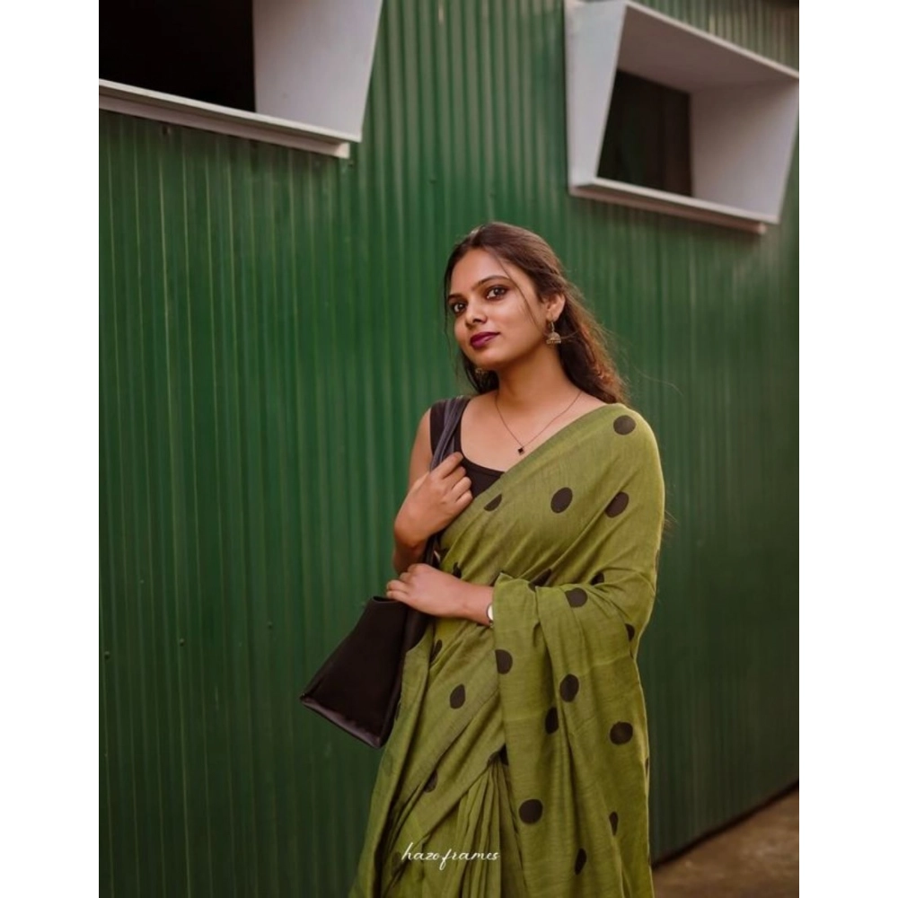 Generic Women's Linen Printed Saree With Unstitched Blouse 5.5Mtr (Green) - Image 2