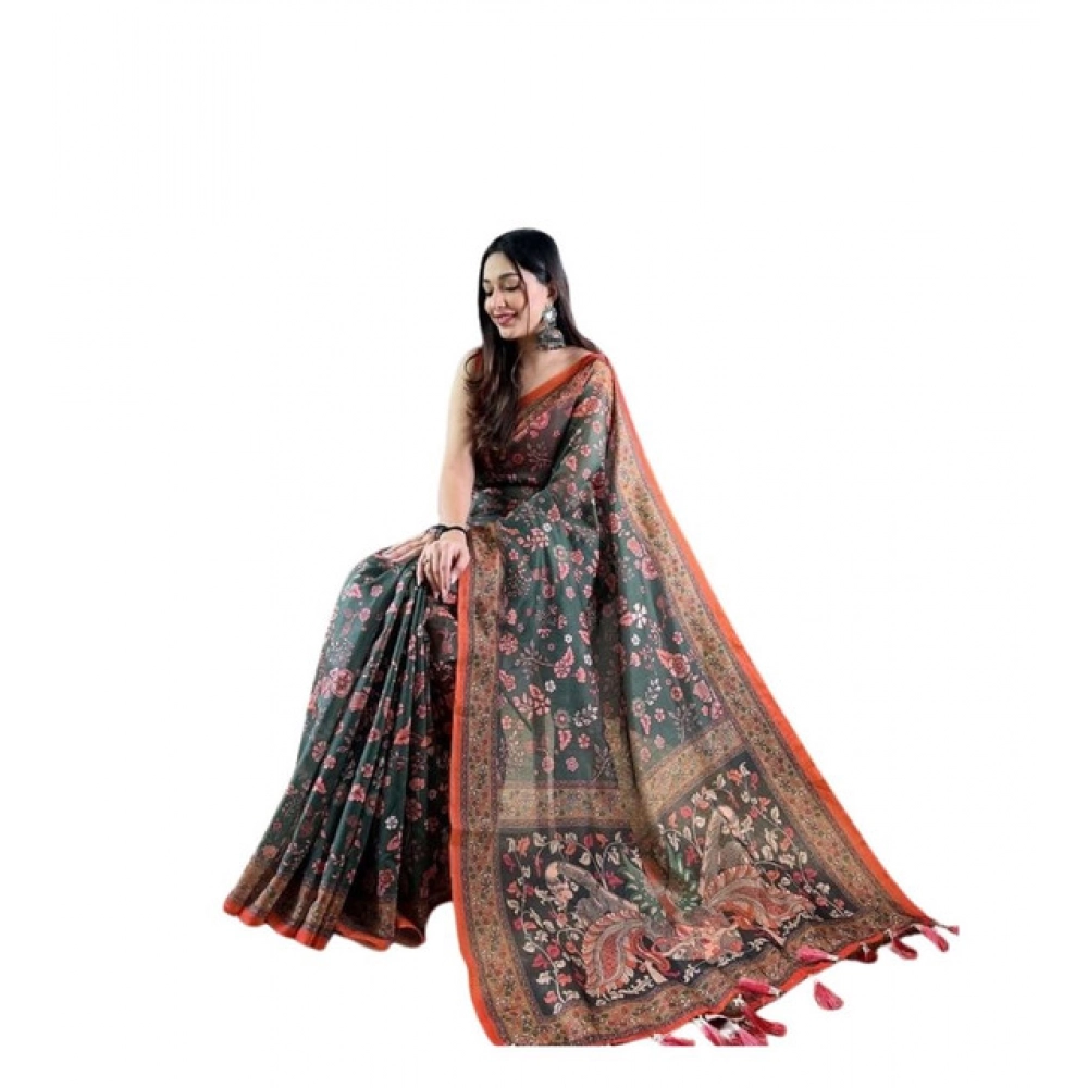 Generic Women's Linen Printed Saree With Unstitched Blouse 5.5Mtr (Green) - Image 2