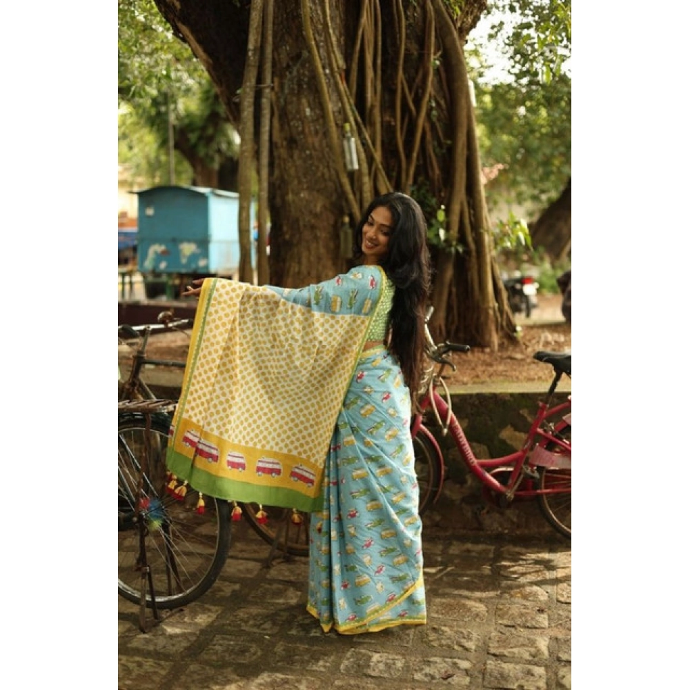 Generic Women's Linen Printed Saree With Unstitched Blouse 5.5Mtr (Blue) - Image 3