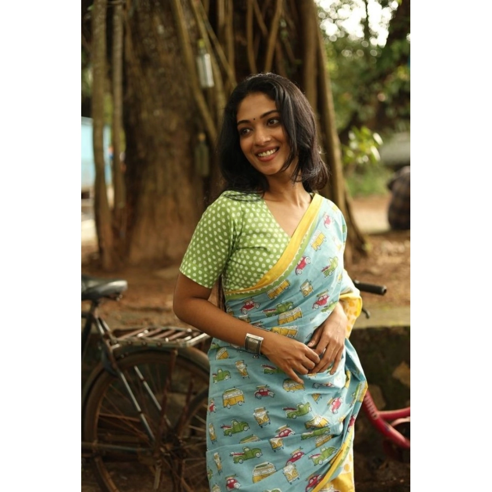 Generic Women's Linen Printed Saree With Unstitched Blouse 5.5Mtr (Blue) - Image 2