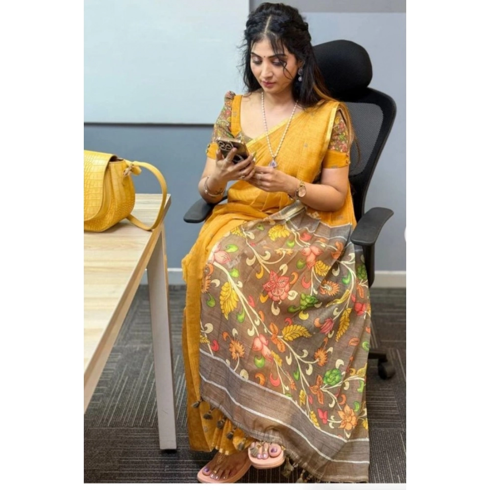 Generic Women's Linen Printed Saree With Unstitched Blouse 5.5Mtr (Mustard) - Image 3