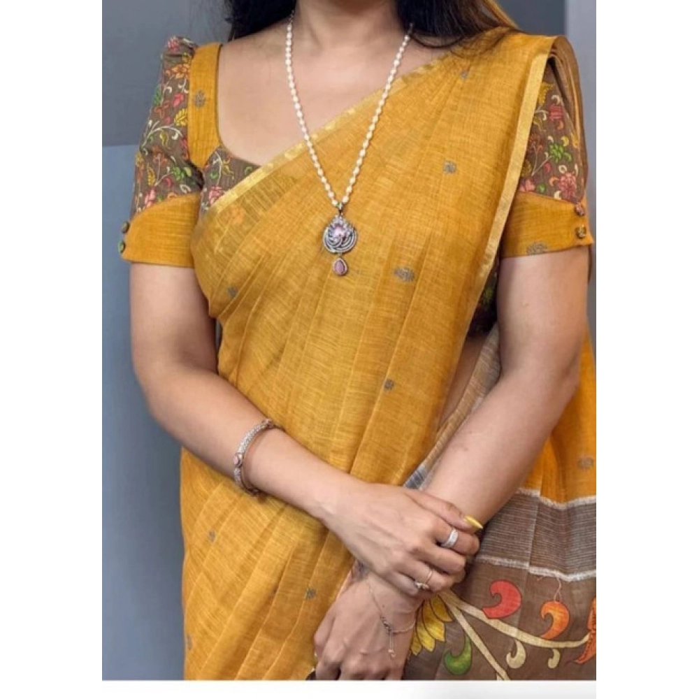 Generic Women's Linen Printed Saree With Unstitched Blouse 5.5Mtr (Mustard) - Image 2