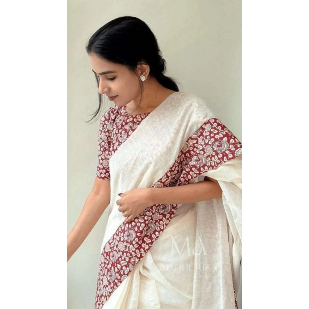Generic Women's Linen Printed Saree With Unstitched Blouse 5.5Mtr (White) - Image 2