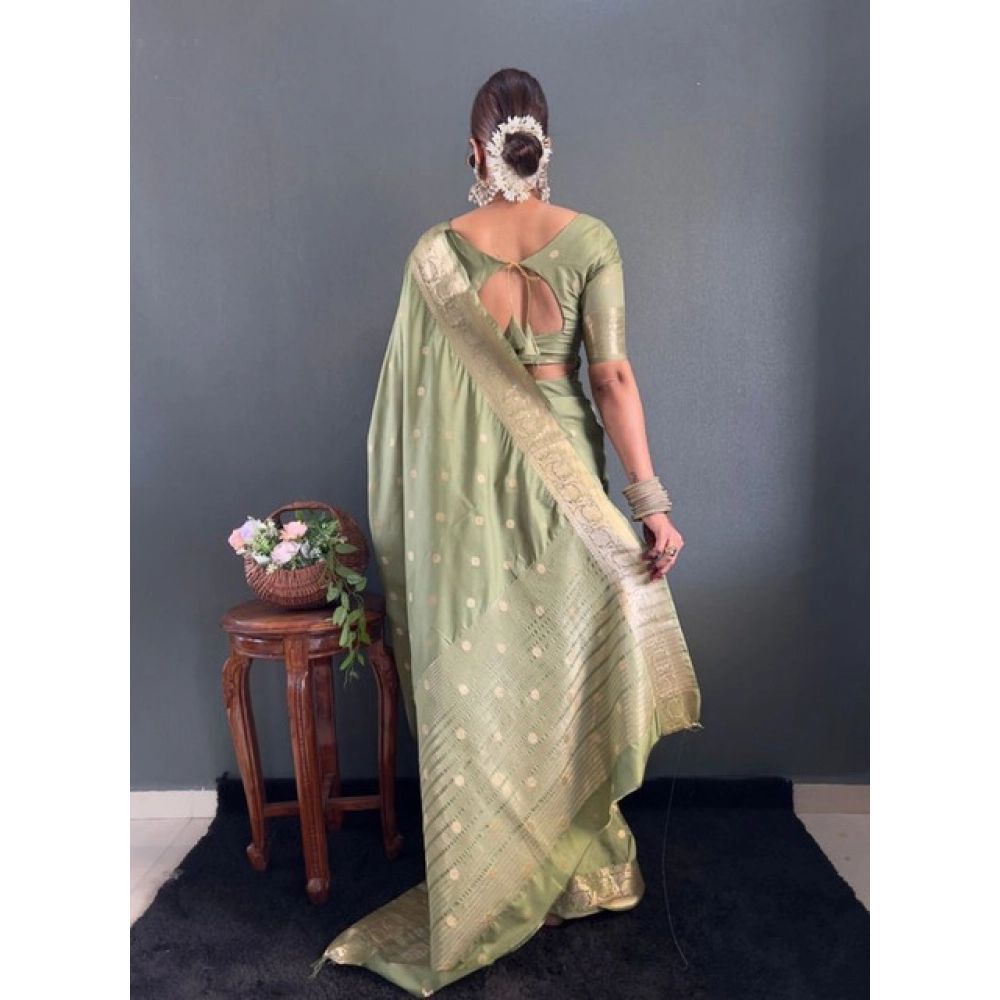 Generic Women's Satin Printed Saree With Unstitched Blouse 5.5Mtr (Green) - Image 5