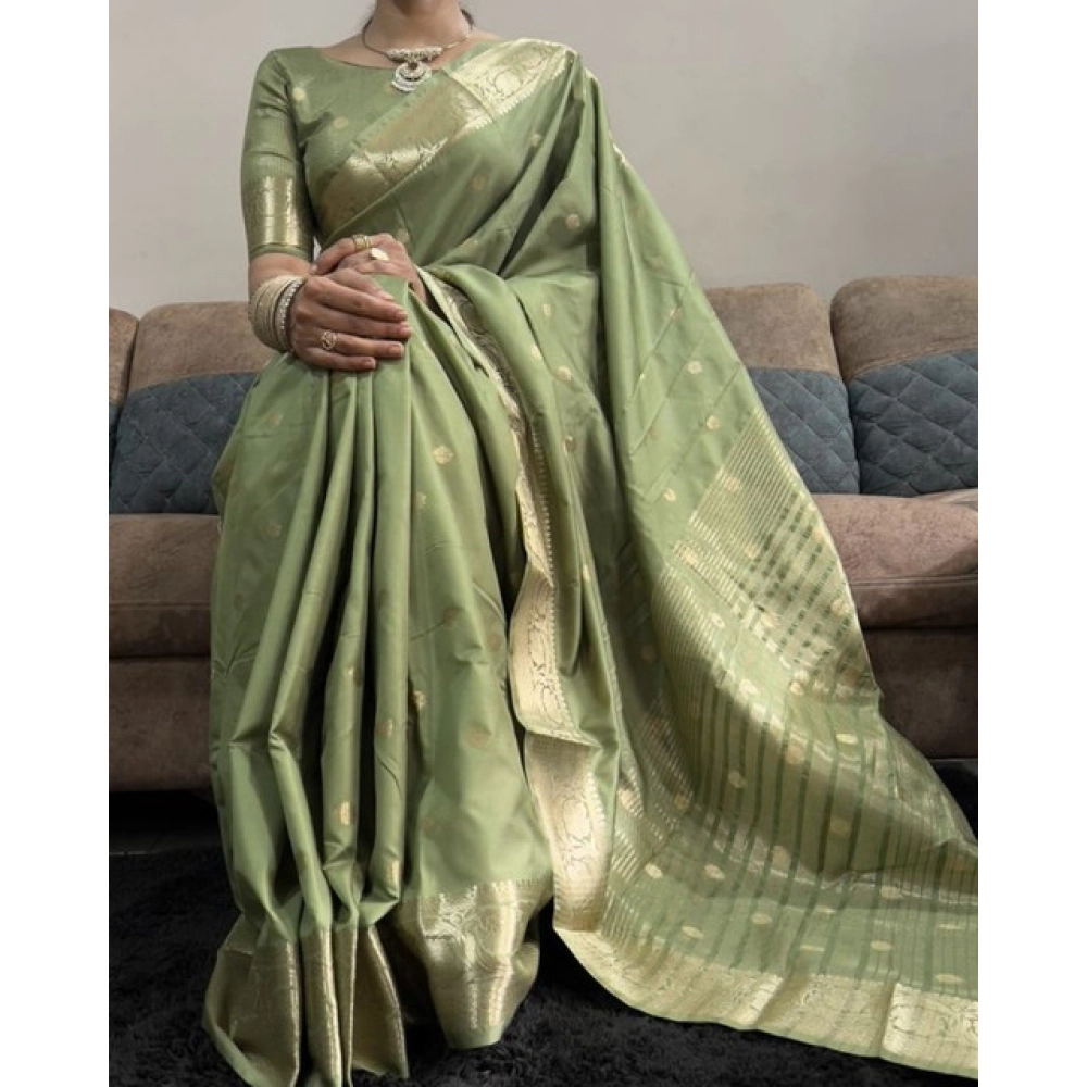 Generic Women's Satin Printed Saree With Unstitched Blouse 5.5Mtr (Green) - Image 4