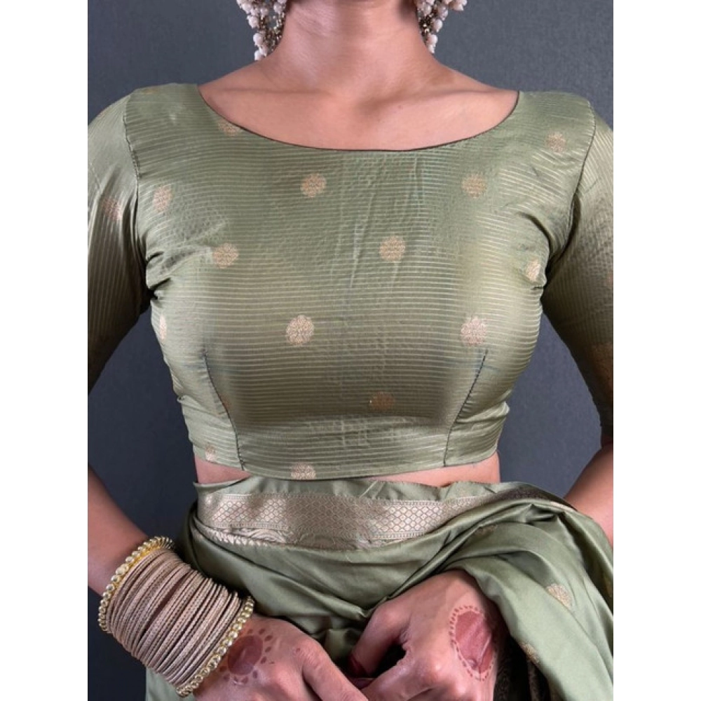 Generic Women's Satin Printed Saree With Unstitched Blouse 5.5Mtr (Green) - Image 3