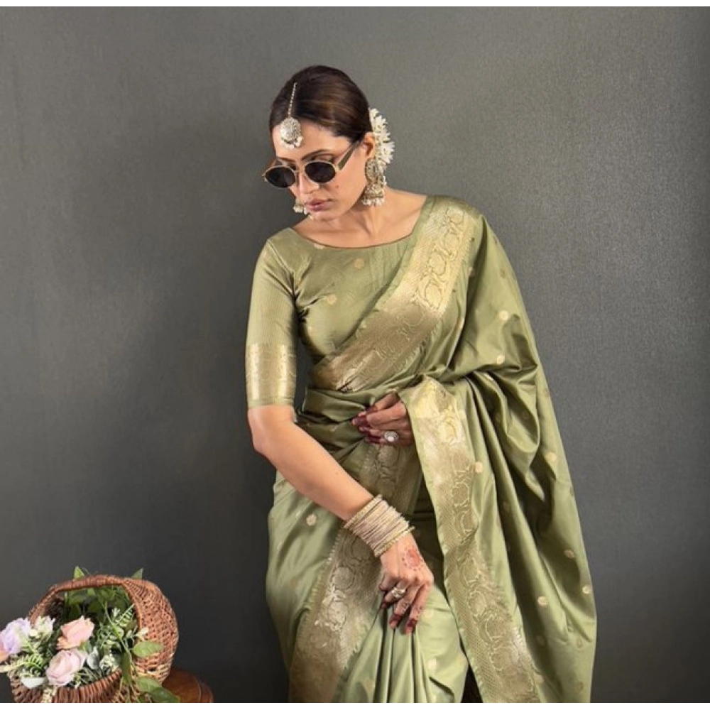 Generic Women's Satin Printed Saree With Unstitched Blouse 5.5Mtr (Green) - Image 2