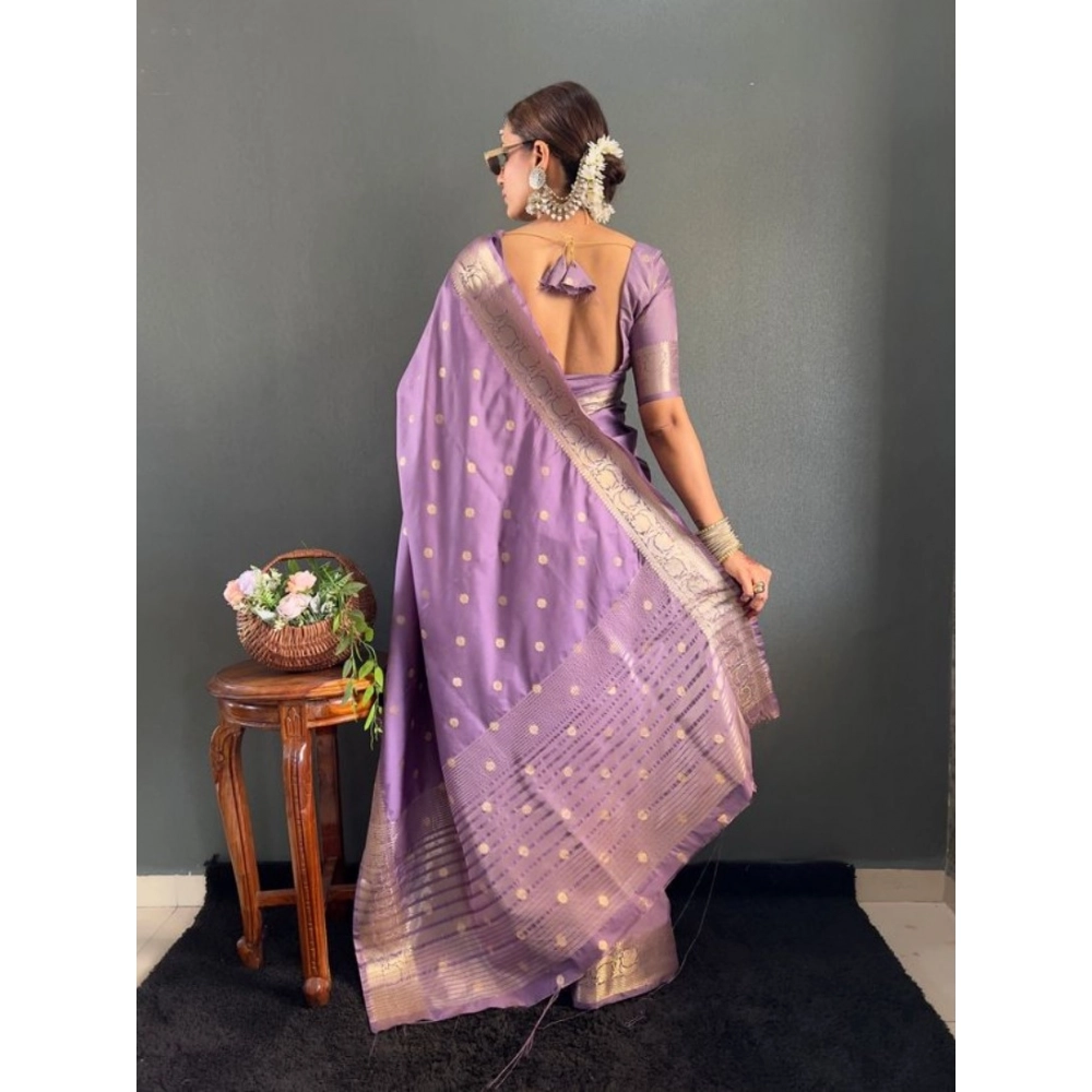 Generic Women's Satin Printed Saree With Unstitched Blouse 5.5Mtr (Purple) - Image 5