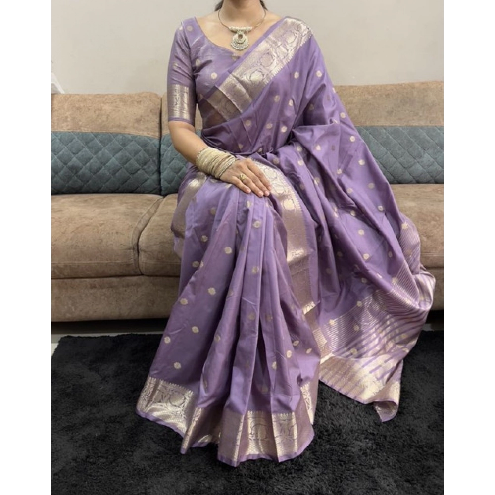 Generic Women's Satin Printed Saree With Unstitched Blouse 5.5Mtr (Purple) - Image 4