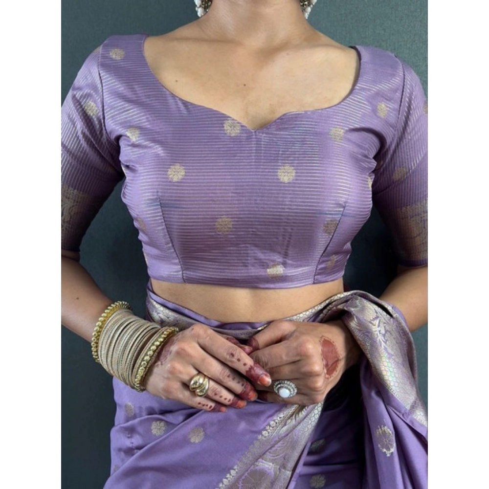 Generic Women's Satin Printed Saree With Unstitched Blouse 5.5Mtr (Purple) - Image 3
