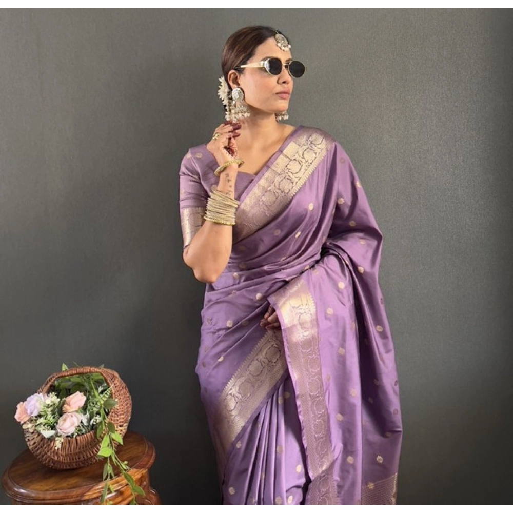 Generic Women's Satin Printed Saree With Unstitched Blouse 5.5Mtr (Purple) - Image 2