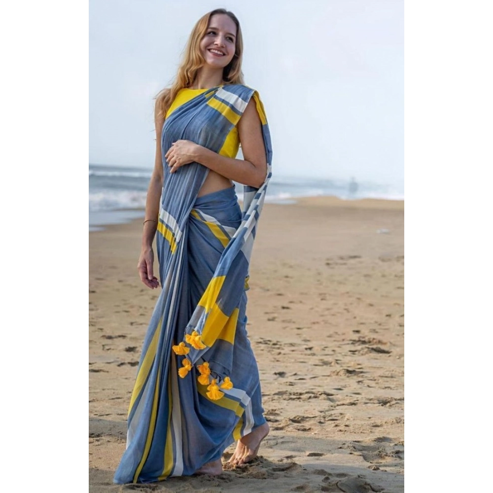 Generic Women's Linen Printed Saree With Unstitched Blouse 5.5Mtr (Blue) - Image 3
