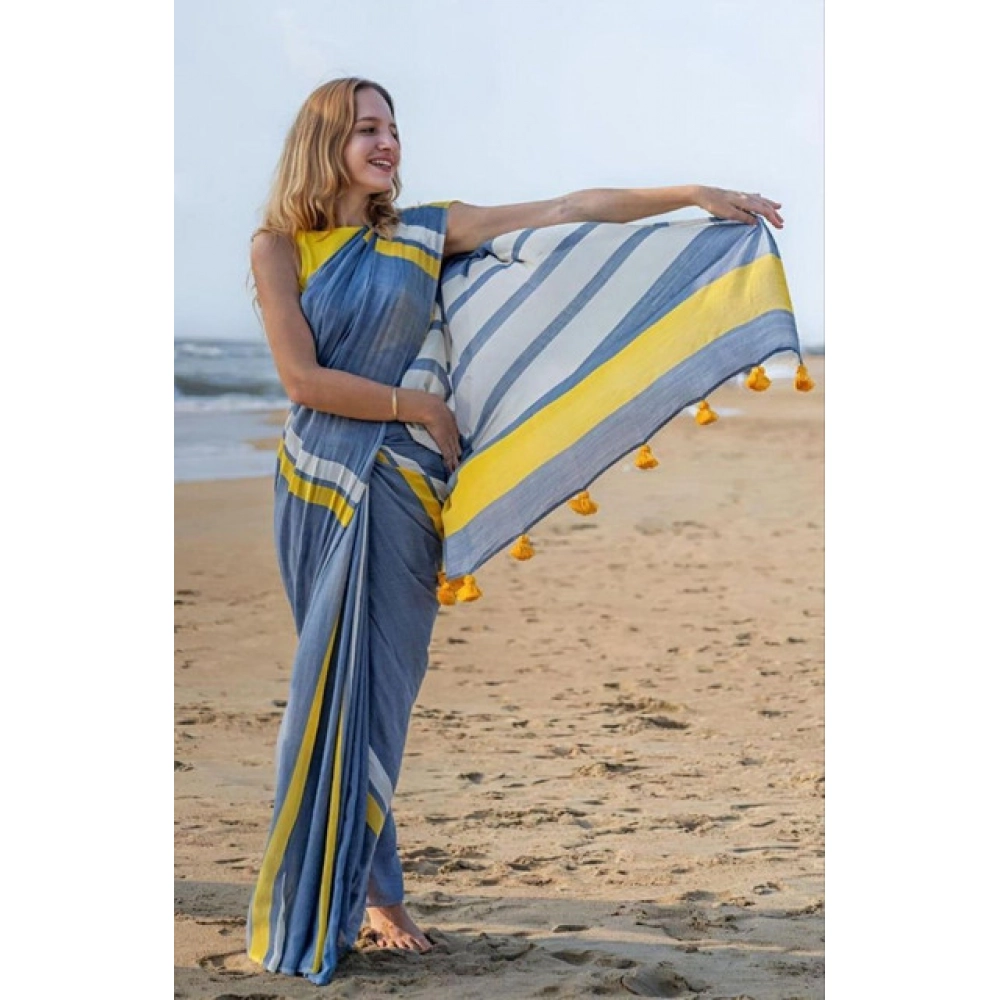 Generic Women's Linen Printed Saree With Unstitched Blouse 5.5Mtr (Blue) - Image 2