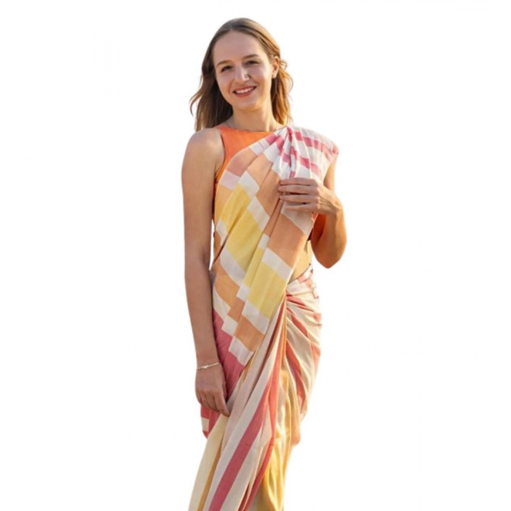 Generic Women's Linen Printed Saree With Unstitched Blouse 5.5Mtr (Yellow)