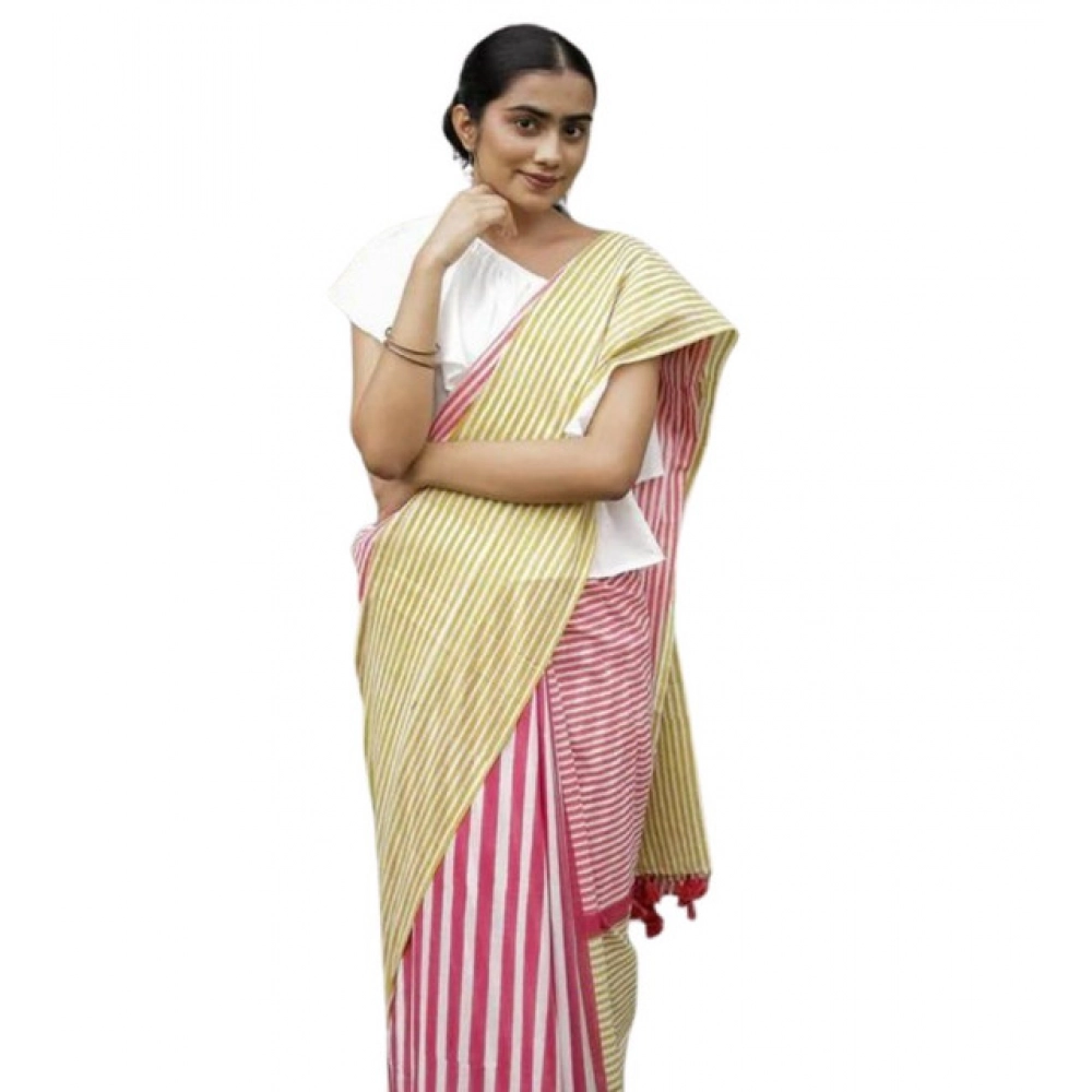 Generic Women's Linen Printed Saree With Unstitched Blouse 5.5Mtr (Yellow)